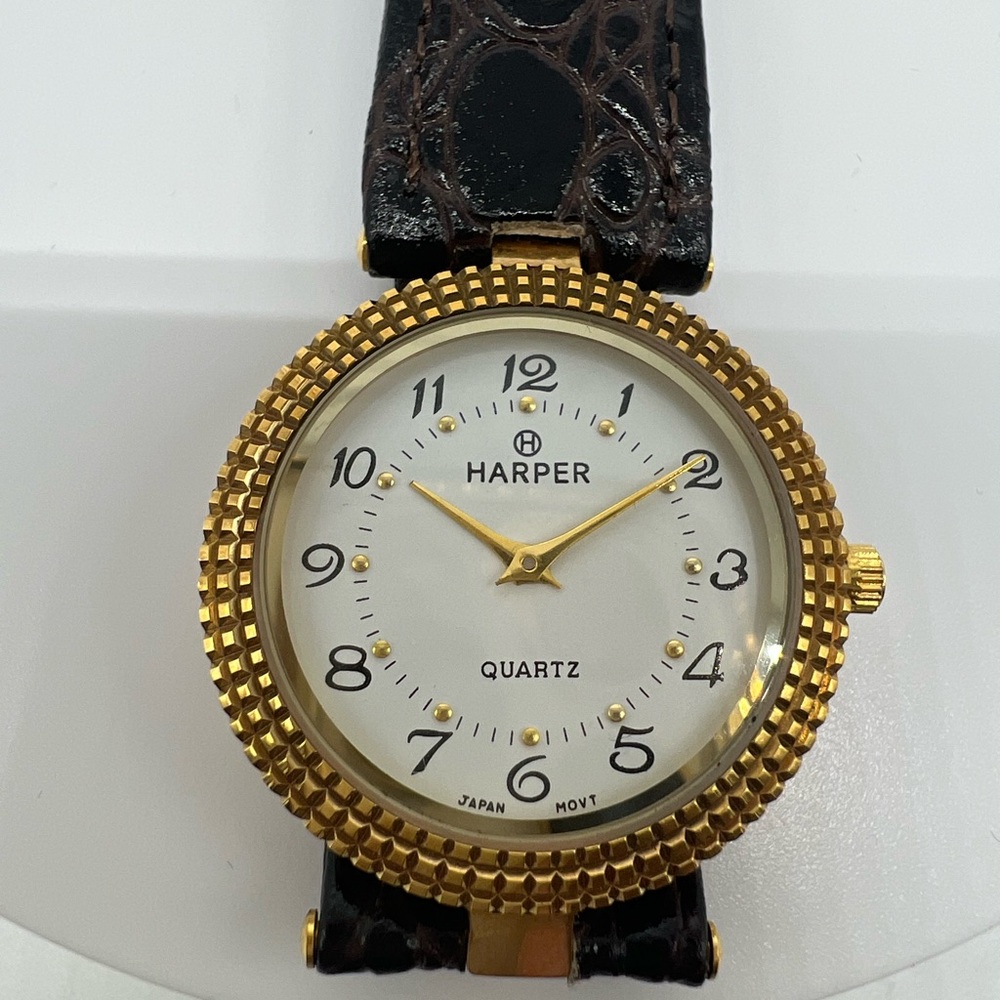 HARPER VINTAGE 18K Gold Plated Brown Leather Round Quartz Japan Movement Watch - Picture 3 of 8